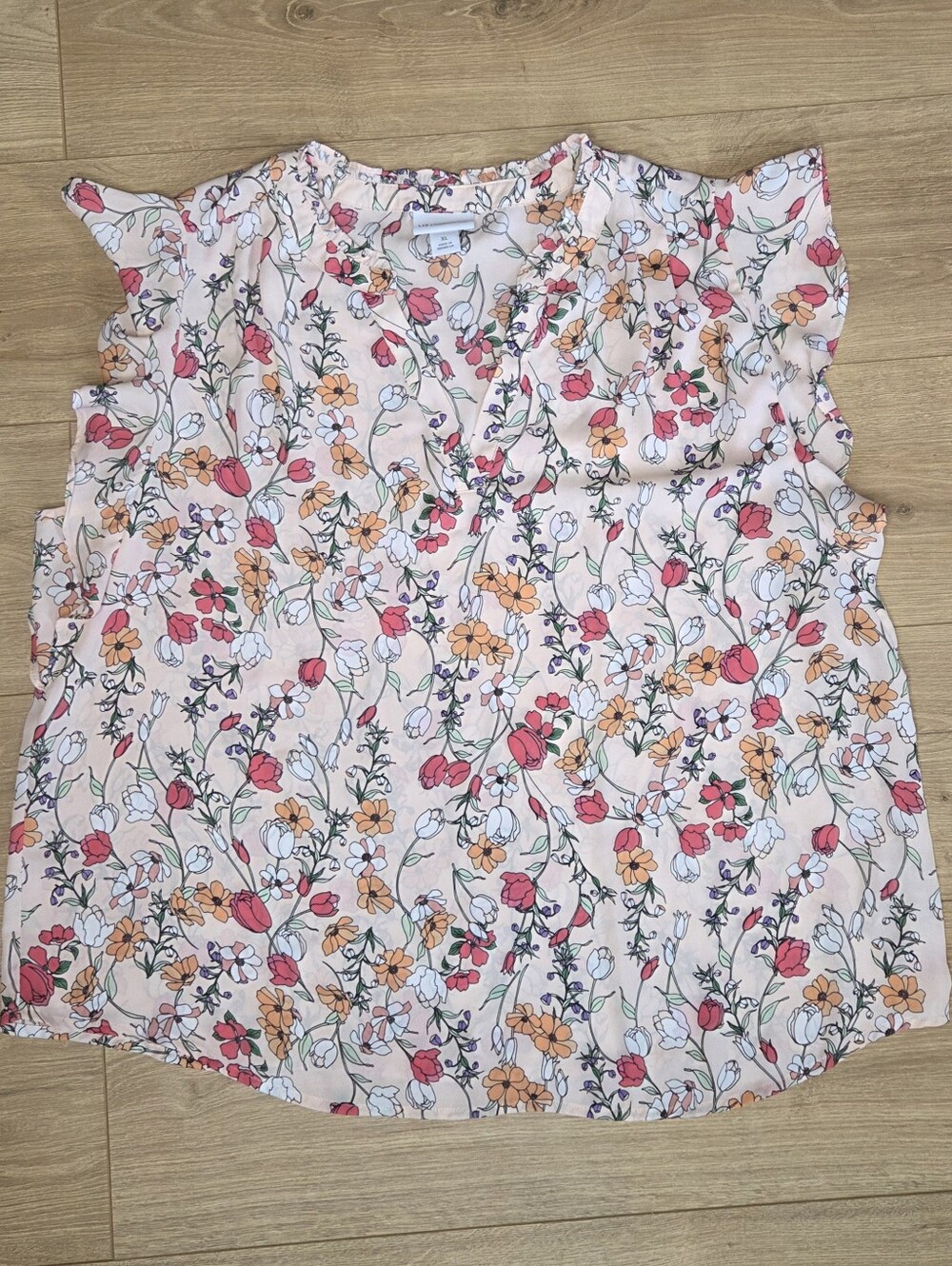 Liz Claiborne Floral Flutter Sleeve Blouse XL Pink Botanical Print Top Romantic - Picture 6 of 7